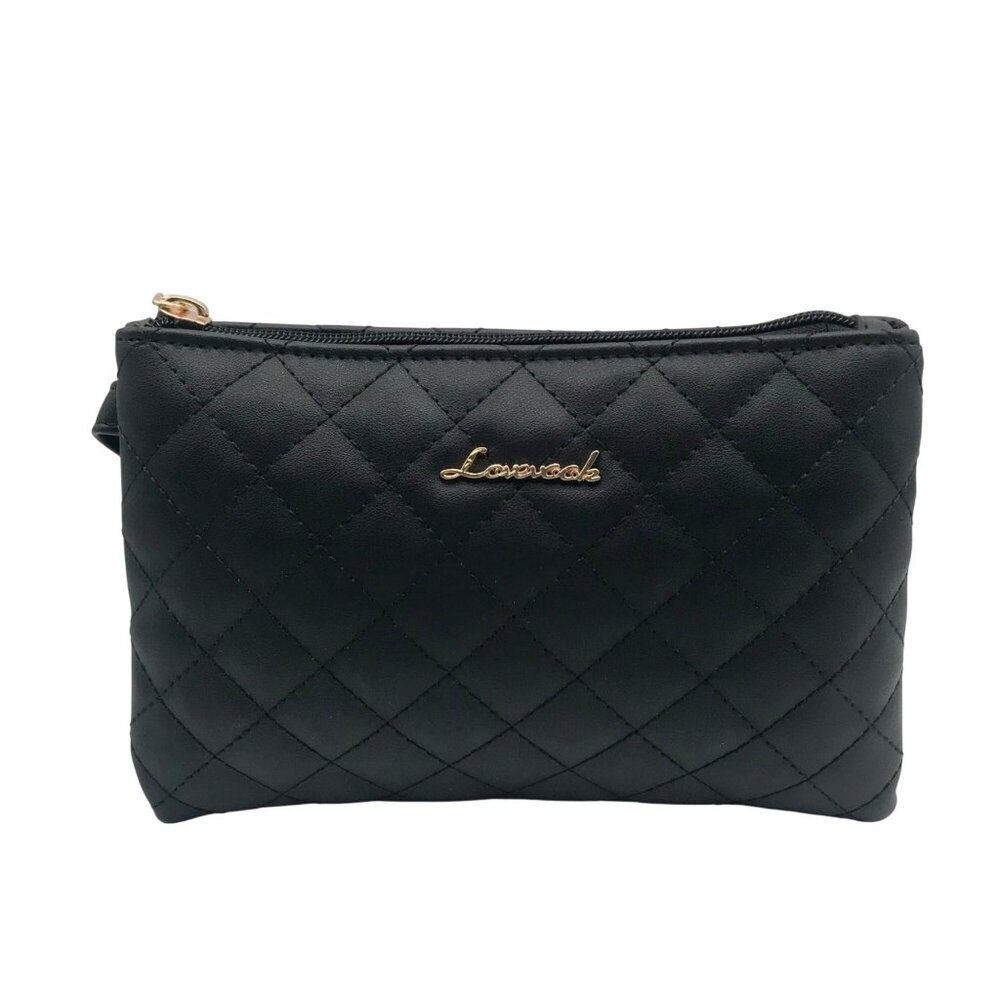 Lovevook Black Faux Leather Diamond Quilted Wristlet Clutch